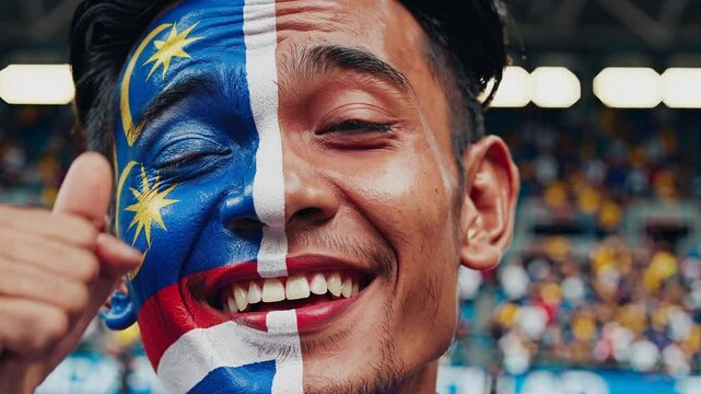 Smiling Male Sports Fan with Malaysian Flag Face Paint at a Stadium Event  
