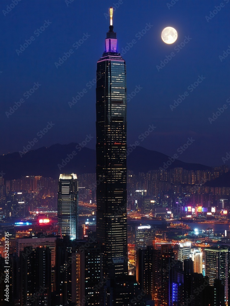 Poster Nighttime cityscape featuring a towering building illuminated by colorful lights and a visible moon over the skyline