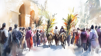 Obraz premium Jesus Enters Jerusalem Surrounded by a Joyful Crowd