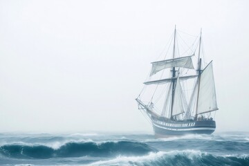 Fototapeta premium Old sailing ship navigating through a stormy sea enveloped in fog, creating a dramatic and evocative scene of maritime adventure