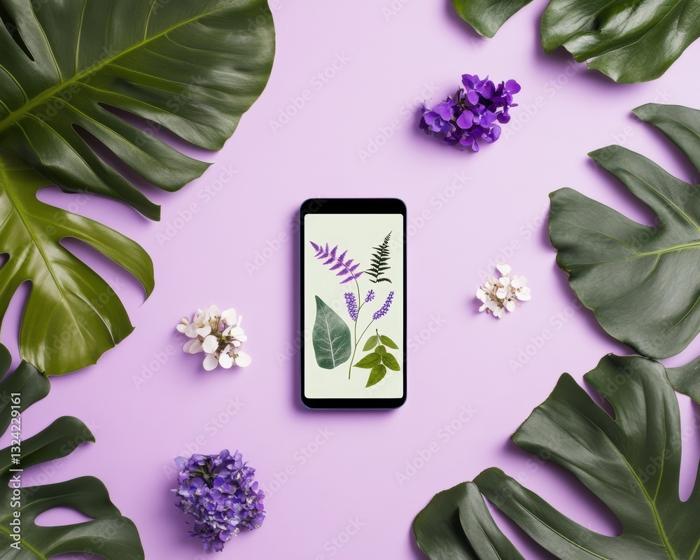 Poster digital botanical visualization minimalist smartphone interface showcasing eco-design trends with mo