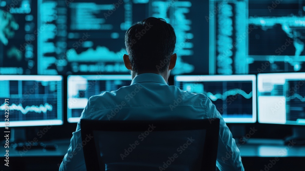 Poster a person monitors multiple screens displaying data and analytics in a darkened environment, emphasiz