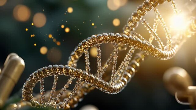Abstract representation of DNA strand entwined with capsules depicting genetic medicine concept and innovation