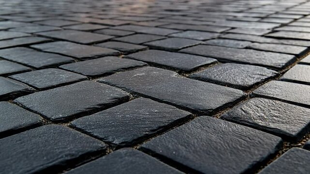 Close-up view of textured cobblestone pavement reflecting light during sunset in a serene setting