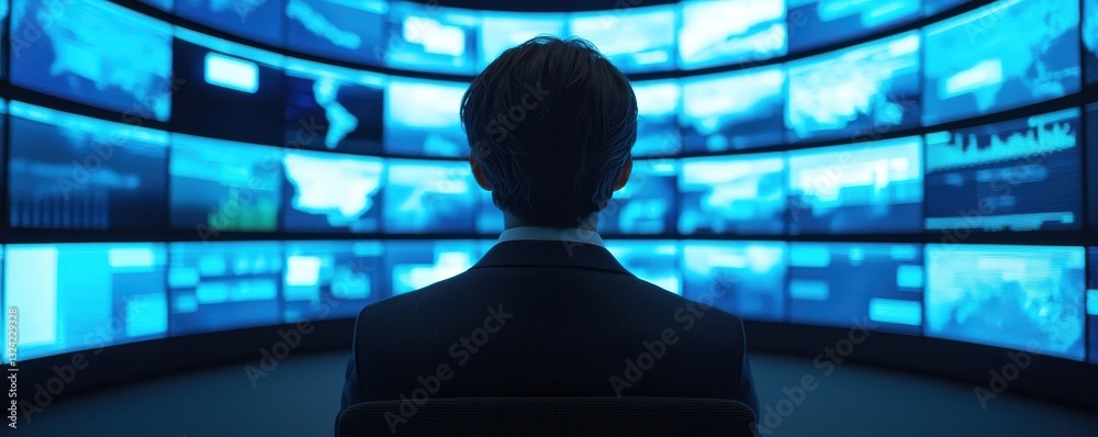 Poster a person in a suit observes multiple screens displaying data, immersed in a high-tech environment fi