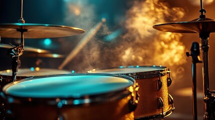 Fototapeta premium In a brightly lit, professional studio, a drum set, with its powerful cymbals, stood majestically, ready to unleash its sonic thunder in the hands of a skilled drummer.
