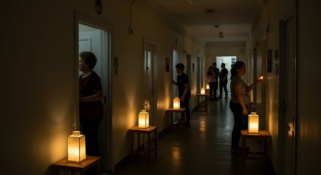 Mysterious dark corridor illuminated by soft candlelight glowing lanterns people walking shadows dim