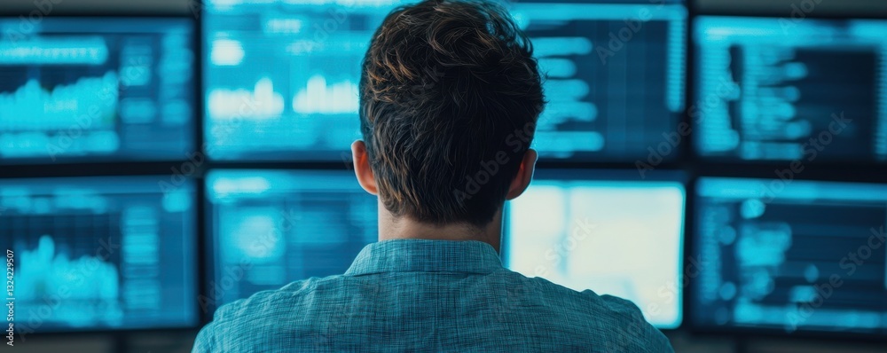 Poster a person analyzing data on multiple screens in a modern, tech-driven workspace, surrounded by charts