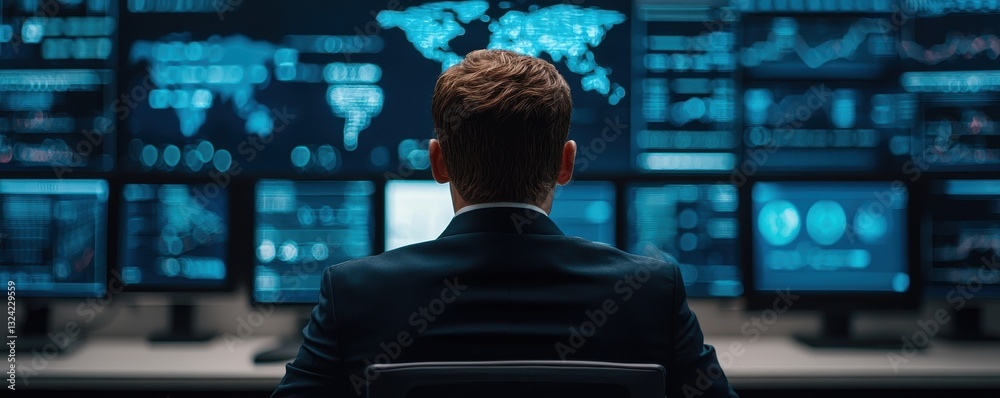 Poster a person in a suit observes multiple screens displaying data and maps, suggesting a high-tech enviro
