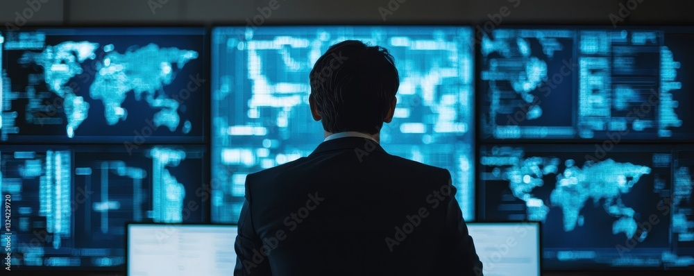 Poster a person in a suit observes multiple screens displaying data and world maps, suggesting a high-tech 