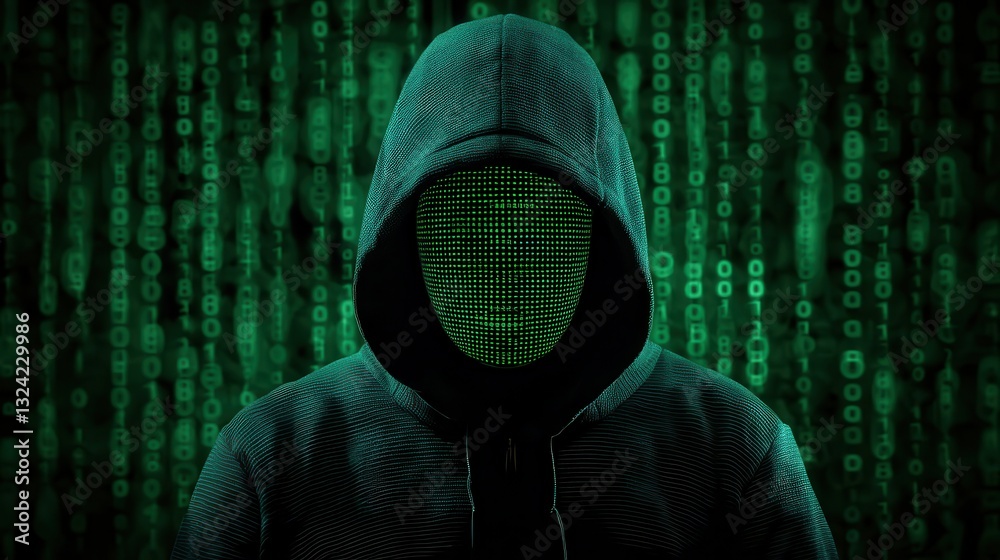 Poster a mysterious figure in a hooded garment stands against a backdrop of green binary code, symbolizing 