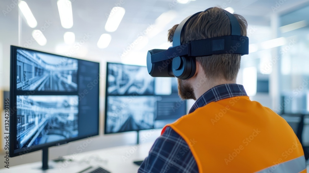Poster a person wearing a vr headset interacts with multiple monitors displaying digital graphics in a mode