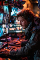 Obraz premium A video editor editing multi-camera footage, selecting the best angles and arranging scenes