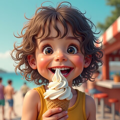 Naklejka premium A cheerful cartoon young girl with curly hair enjoys an ice cream cone at the beach, surrounded by people in summer attire, radiating joy and excitement under a sunny sky