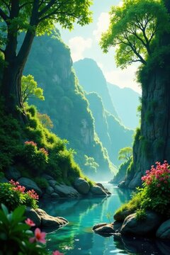 Lush landscape with rainwater and Tefnut's presence, serene, lush, majestic