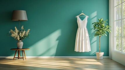 A sleek white dress, its elegance accentuated by the vibrant teal hue of the wall, hung gracefully in an airy living space bathed in the warm embrace of natural light.