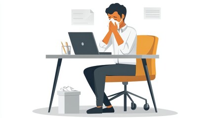 Unwell Office Worker with Laptop and Tissue Box in Modern Workspace