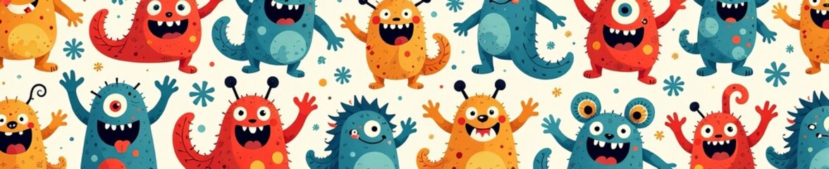 Obraz premium Colorful cartoon monsters in seamless pattern for kids, background, creatures, textile