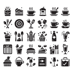 Silhouette icon set of cafe icons, restaurant icon, food and drink icon vector style on white background.
