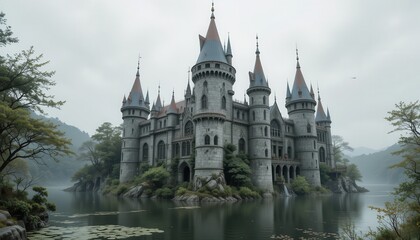 Obraz premium Majestic Stone Castle on a Misty Lake Picturesque Fairytale Architecture