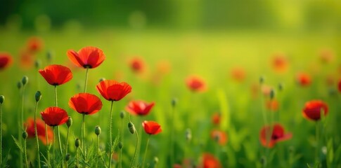 Fototapeta premium Red poppy flowers blooming in a lush green meadow, landscape, green meadow