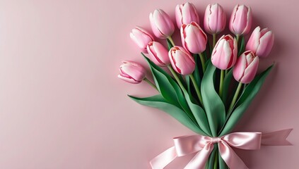 Obraz premium Pink Tulip Bouquet on Pink Background Elegant Floral Photography