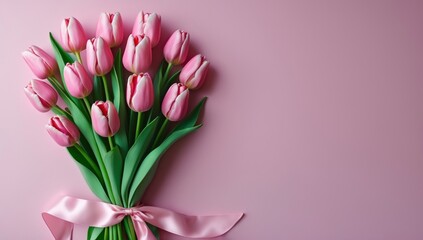 Pink Tulip Bouquet on Pink Background Spring Flowers