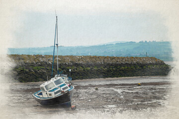 Digital watercolour painting of boats moored in the harbour at Rhos-on-Sea at low tide.