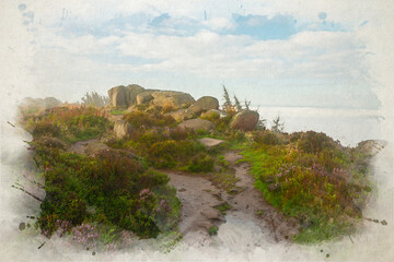A digital watercolour painting of sunrise, purple heather and mist in the Staffordshire Peak District.