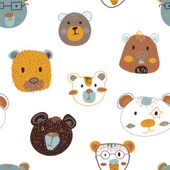 Seamless pattern with hand drawn cute bear characters. Childish adorable texture with cartoon bears. Vector illustration