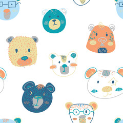 Fototapeta premium Seamless pattern with hand drawn cute bear characters. Childish adorable texture with cartoon bears. Vector illustration