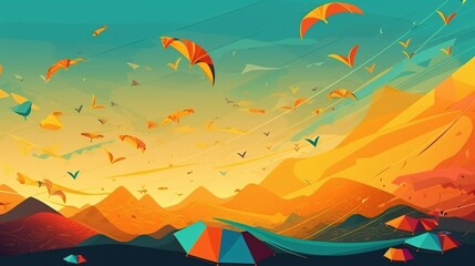 Abstract Geometric Landscape with Flying Kites and Tents Against Vivid Orange Sky Artistic Design