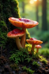 Reishi mushrooms scattered around a fern in the woods at dawn, fungi, reishi