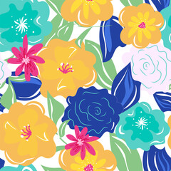 Seamless pattern with flowers,branches, leaves. Creative floral texture. Great for fabric, textile Vector Illustration