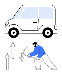 Man wielding a pickaxe below a car, surrounded by upward arrows symbolizing development. Ideal for growth, innovation, resource extraction, energy, automotive, investment progress. Flat simple