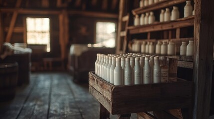 A farmhouse-style milk crate holding bottles of fresh dairy, bathed in soft natural light.