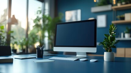 A pristine blue surface, the canvas for a well-organized office space, where neatly arranged stationery, pens, and office supplies stood in a symphony of order, ready for the creative spark that