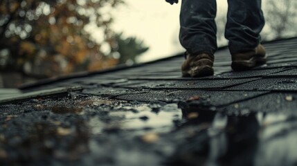 Person's feet on a wet, damaged roof.