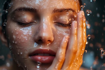 Obraz premium Freshly washed face with water droplets glistening on smooth skin, natural lighting, soft focus background, hands gently patting the face dry