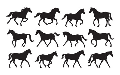 Set of horse icon silhouettes standing, trotting, and galloping in black color isolated on a white background