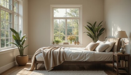 Serene Bedroom Interior DesignSunlight Streaming Through Window Illuminating Cozy Bed