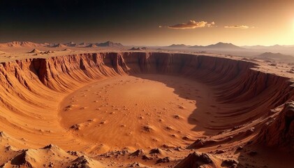 Mars crater with mountains and valleys in equirectangular panorama, Mars, planet, space