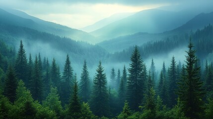 Fototapeta premium Misty mountain range with evergreen forest.