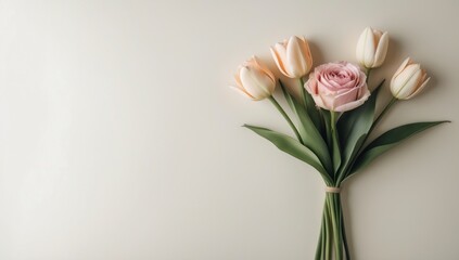 Elegant Peach Tulips and Rose Bouquet on Beige Background