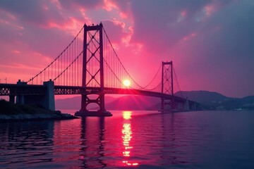 Obraz premium Soft pink sunrise glowing through suspension bridge's steel beams, steel, sunrise