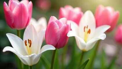 soft pink tulips and white lilies intertwined, nature, garden