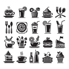 Silhouette icon set of cafe icons, restaurant icon, food and drink icon vector style on white background.