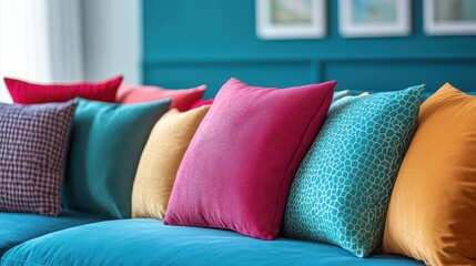 A vibrant tableau of cushions in hues of turquoise, fuchsia, and emerald, arranged in a playful pattern against a backdrop of azure, creating a cozy and inviting atmosphere in a bright, airy indoor