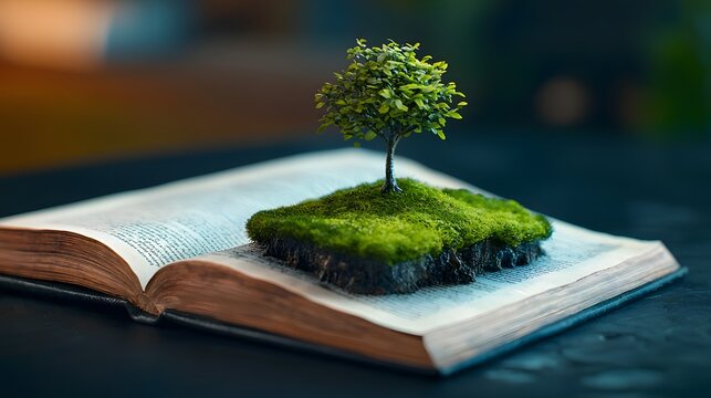 Antique manuscript pages sprouting a verdant forest symbolizing the enduring power of knowledge and the interconnectedness of the natural world  This otherworldly image evokes a Renaissance inspired