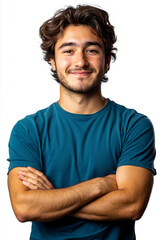 A young man with his arms crossed and smiling